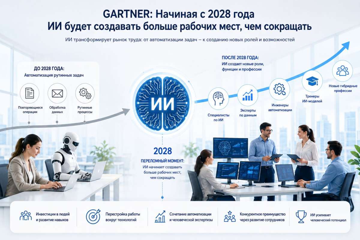 Gartner: начиная с 2028 года ИИ будет создавать больше рабочих мест, чем сокращать